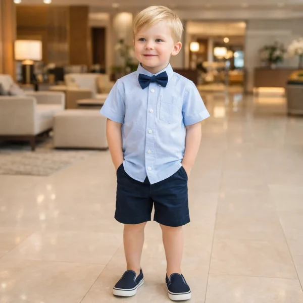 پیراهن آستین کوتاه لینن بچگانه آبی راه راه سفیدH&M - Image 1